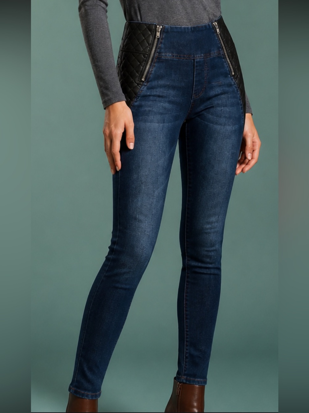 Boom Boom pull on stretch jeans/ leggings, zipper & leather accents size M NWT